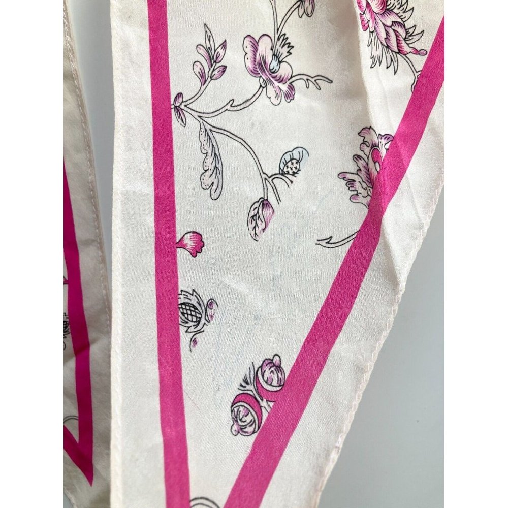 Vintage ANNE KLEIN Pink Ivory Floral Silk Crepe 68" x 8" Long Skinny Scarf - Picture 6 of 11